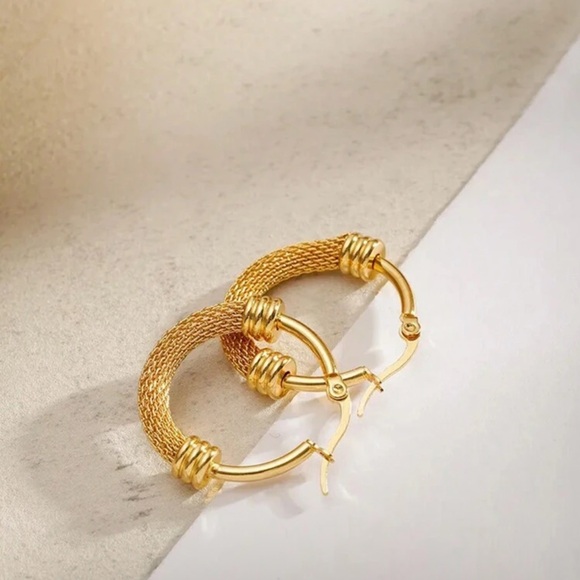Gold Plated Stainless Steel Textured Hoop Earrings - Picture 3 of 5